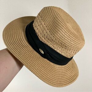 SCALA Straw Sun Hat Size L/XL Tan Black Band Beach Boho Cottagecore Vacation